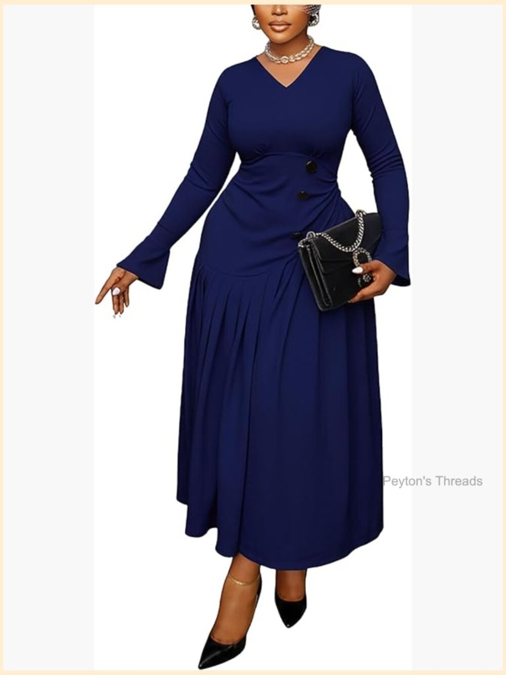 Elegant V-Neck Bell Sleeve Ruched A-Line Midi Dress for Wedding Guest
